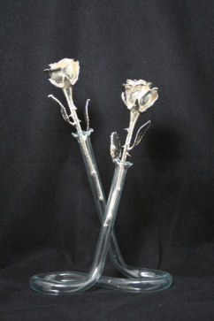 Two 8 " All Silver Roses with Vase